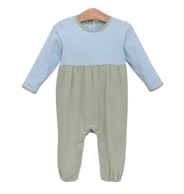 Trotter Street Kids Preston Romper Green Stripe/Light Blue