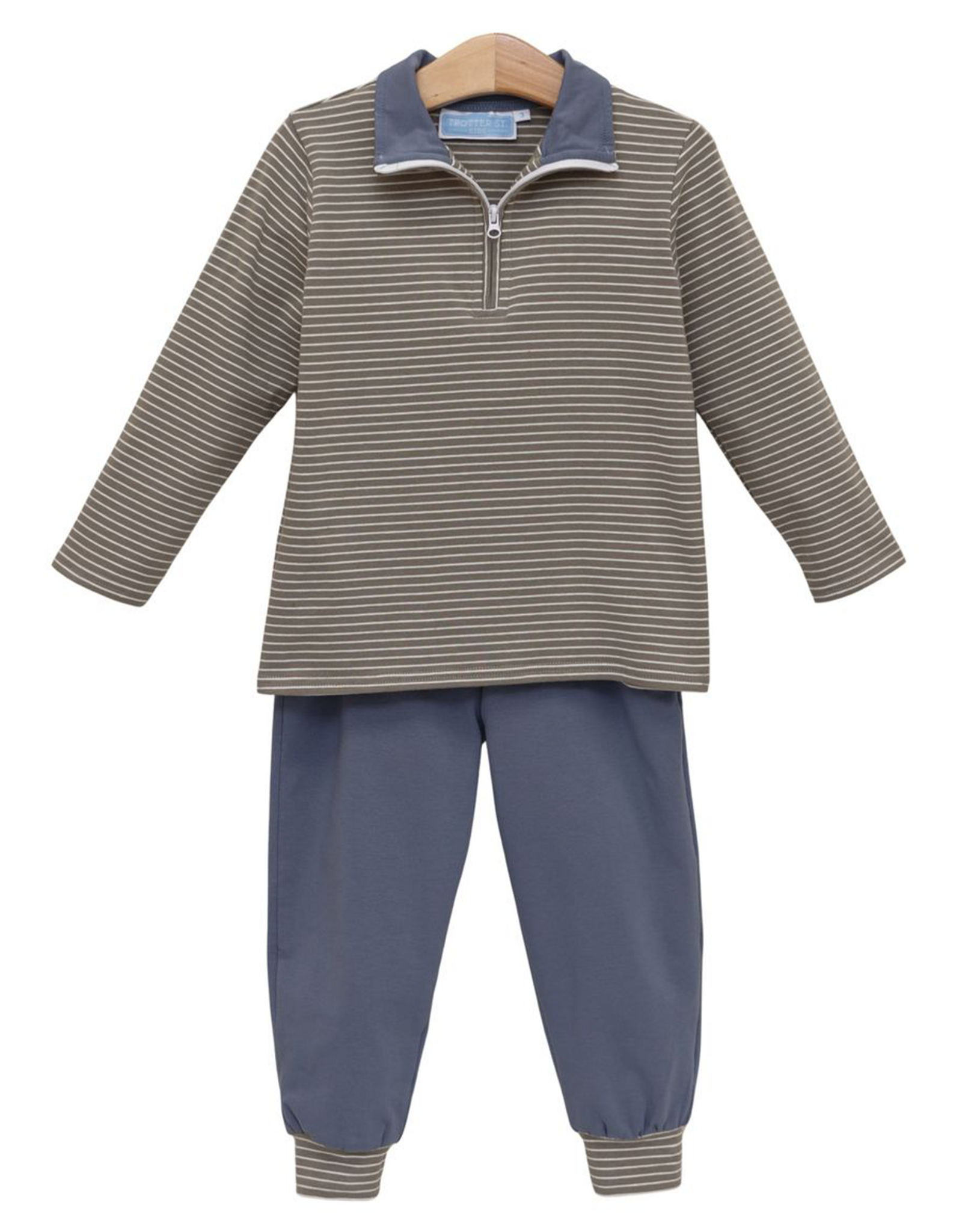 Trotter Street Kids TSF26 Tucker Pullover Set Beige Stipe/Blue