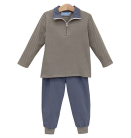 Trotter Street Kids Tucker Pullover Set Beige Stipe/Blue