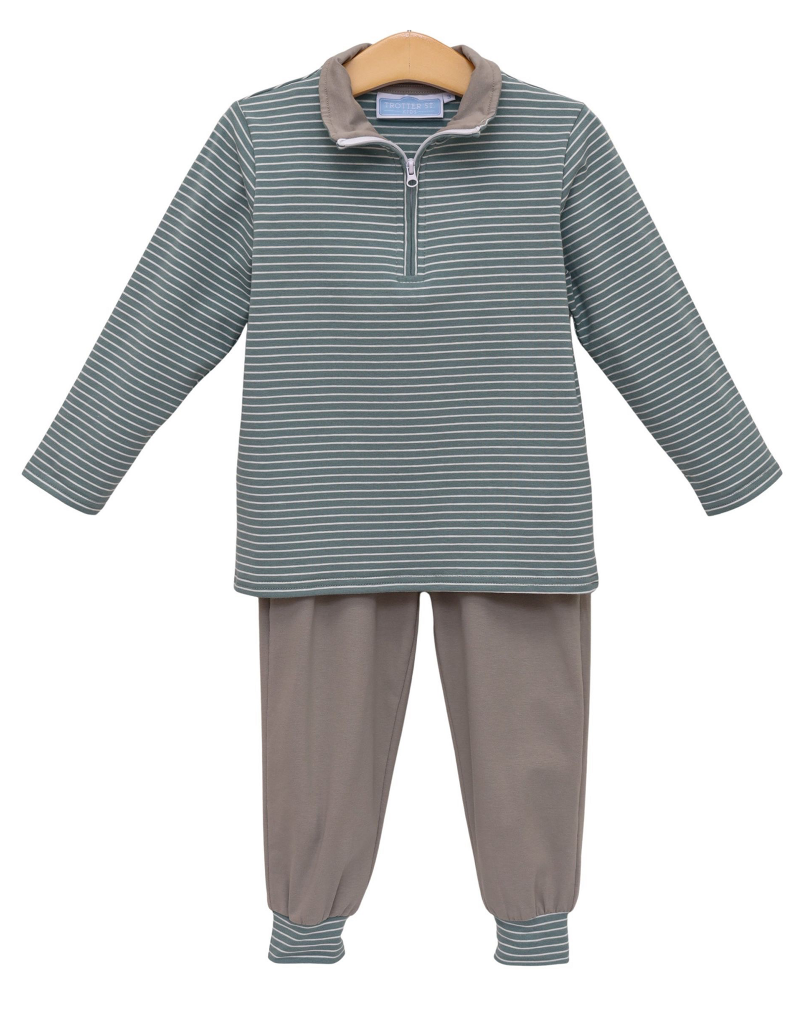 Trotter Street Kids TSF26 Tucker Pullover Set Sage Stripe/Beige