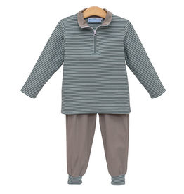 Trotter Street Kids Tucker Pullover Set Sage Stripe/Beige