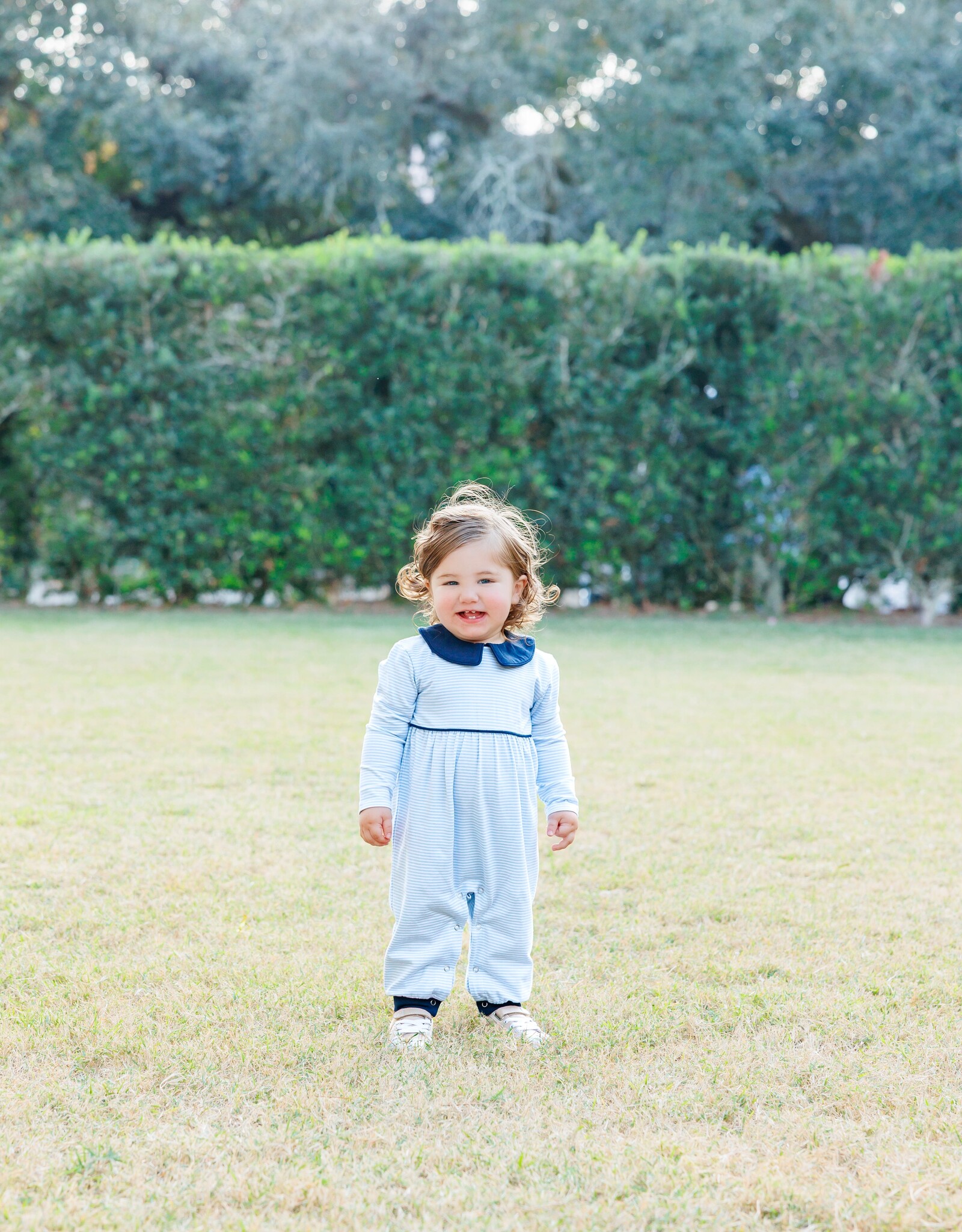 Trotter Street Kids TSF26 Gabriel Romper Lt. Blue Sripe/Navy