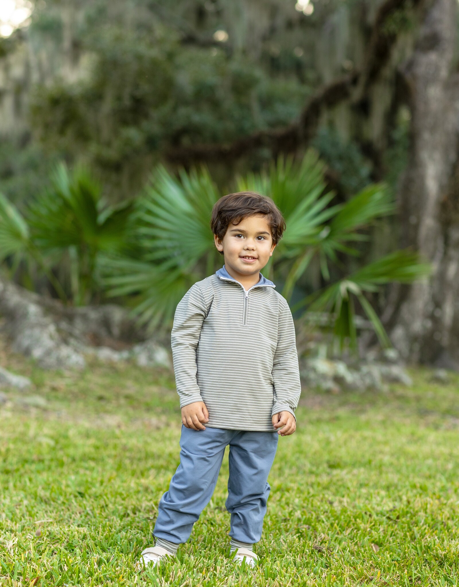 Trotter Street Kids TSF26 Tucker Pullover Set Beige Stipe/Blue