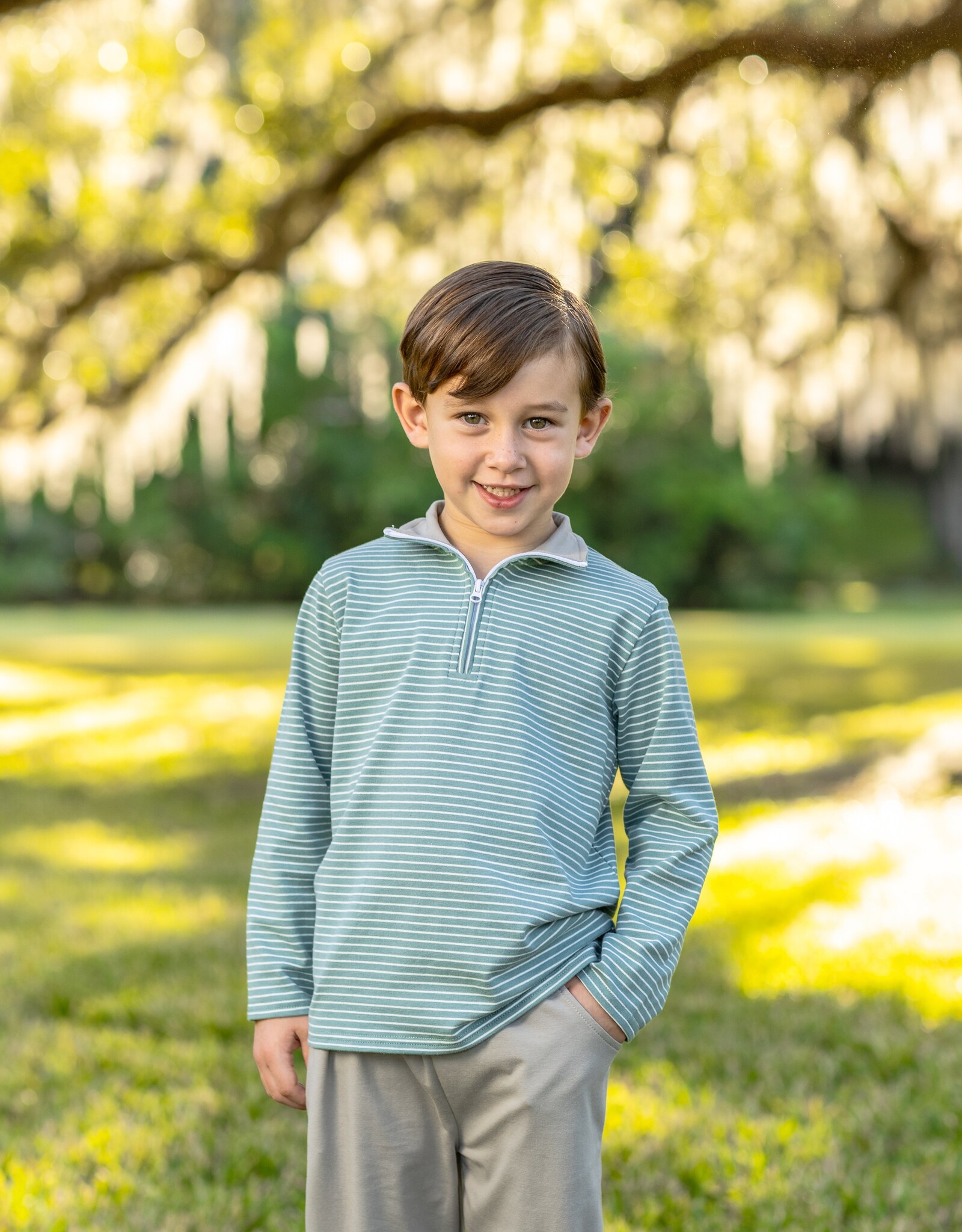 Trotter Street Kids TSF26 Tucker Pullover Set Sage Stripe/Beige