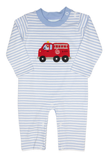 The Smiley Crab SCF26 Romper Lt. Blue Stripe Firetruck