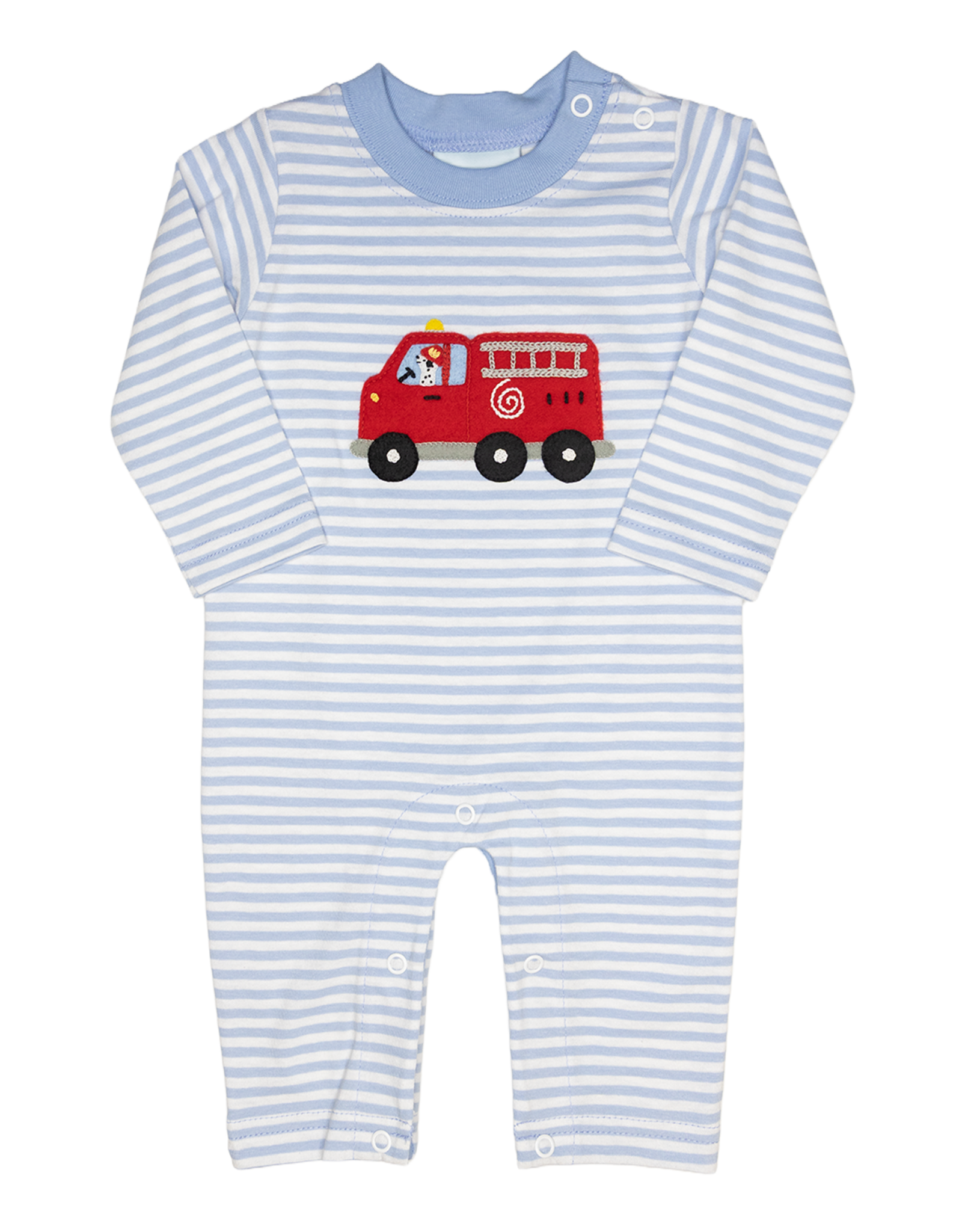 The Smiley Crab SCF26 Romper Lt. Blue Stripe Firetruck