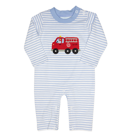 The Smiley Crab Romper Light Blue Stripe Firetruck