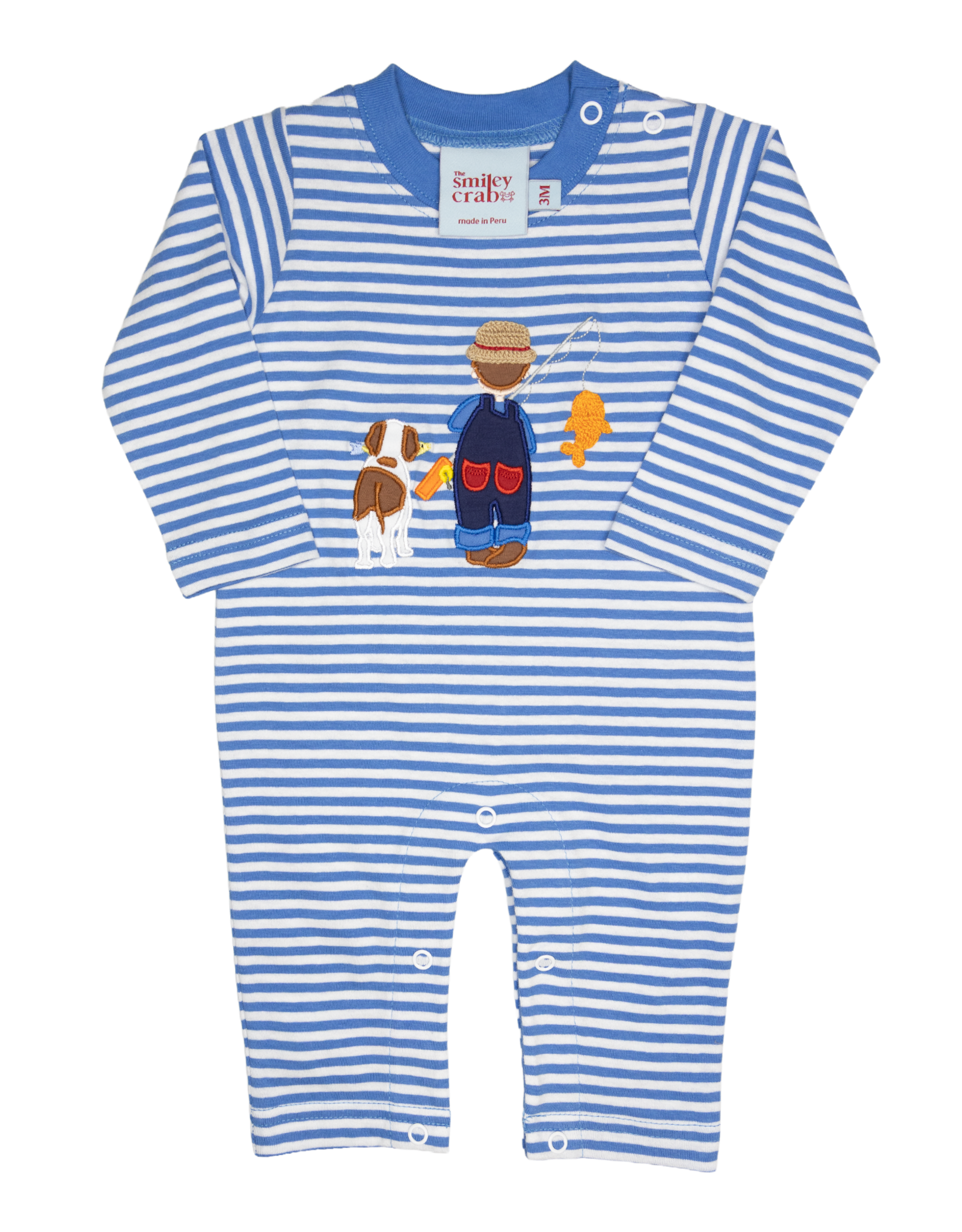 The Smiley Crab SCF26 Romper Chambray Stripe Fishing Boy/Dog
