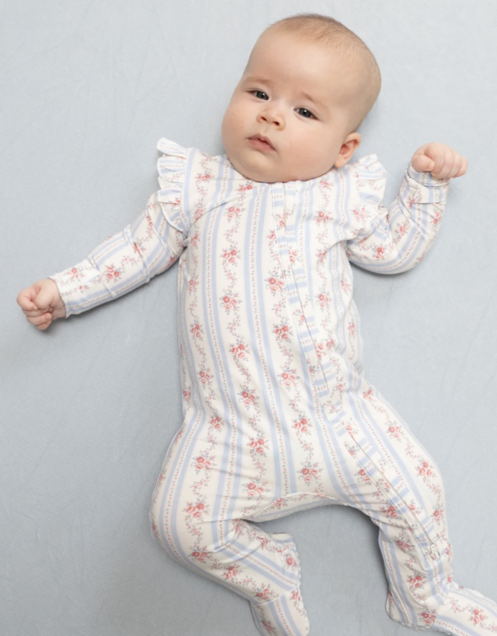 Angel Dear ADF26 2 Way Zipper Ruffle Sleeve Footie Anna Floral Stripe