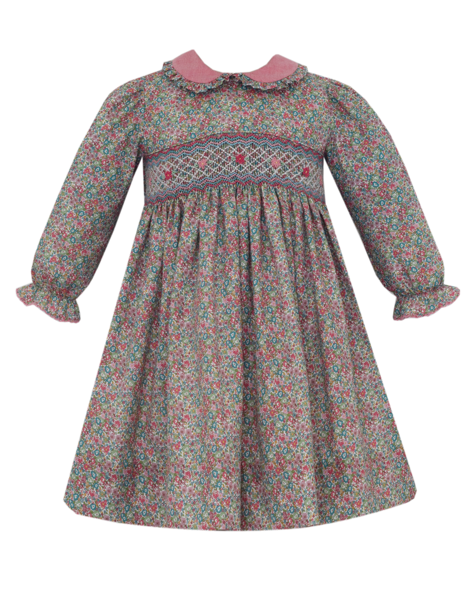 Anavini 355DL Giselle  Green/Pink LS Floral Smocked Dress