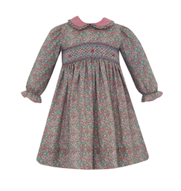 Anavini Giselle  Green/Pink Long Sleeve Floral Smocked Dress