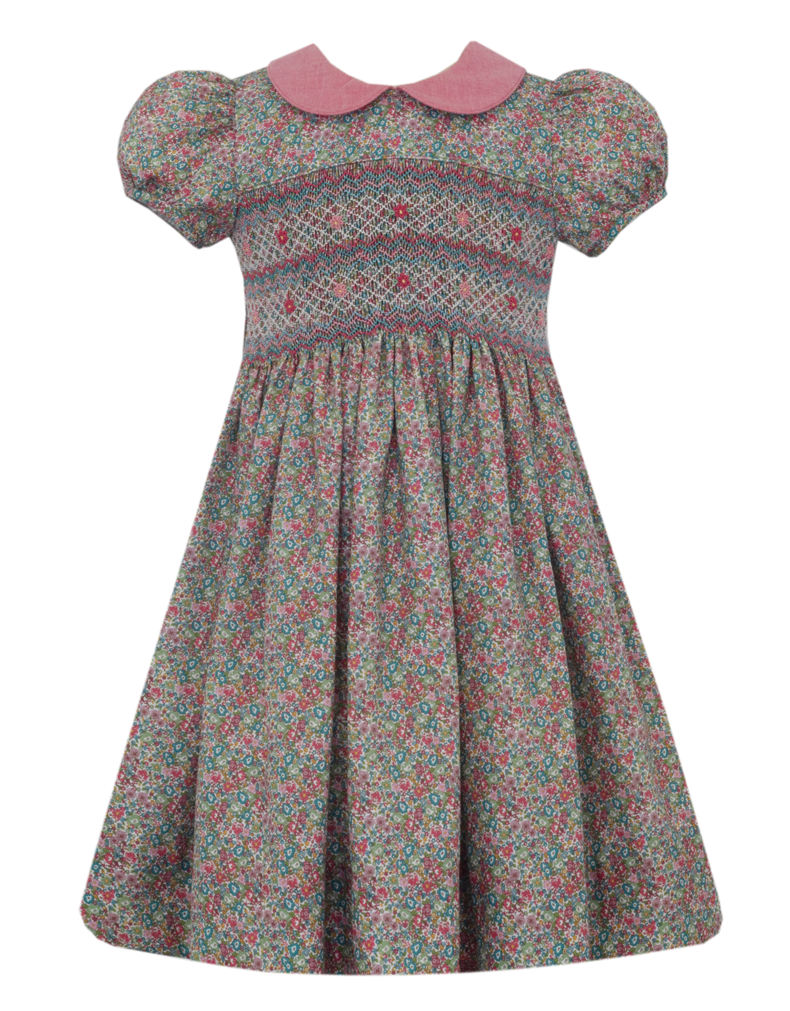 Anavini 355D Giselle  Green/Pink Floral Smocked Dress