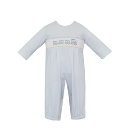 Petit Bebe Blue Check Train Smocked Bubble