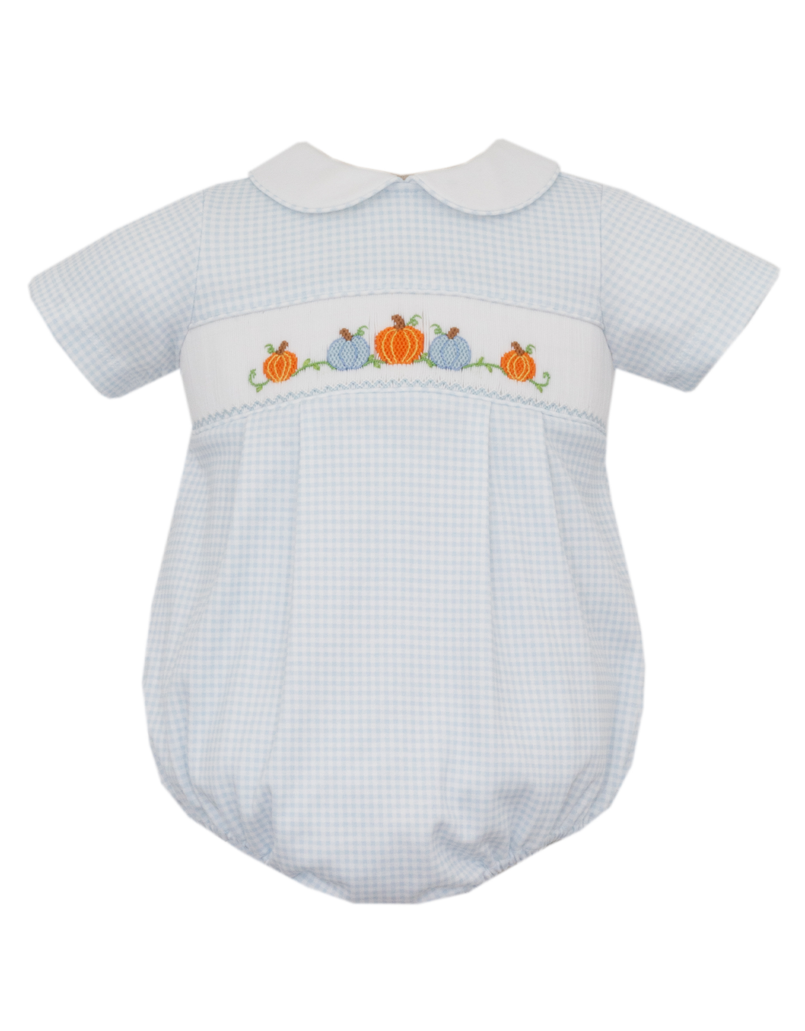 Petit Bebe 430BB Blue Gingham Knit Pumpkin Smocked BOY Bubble