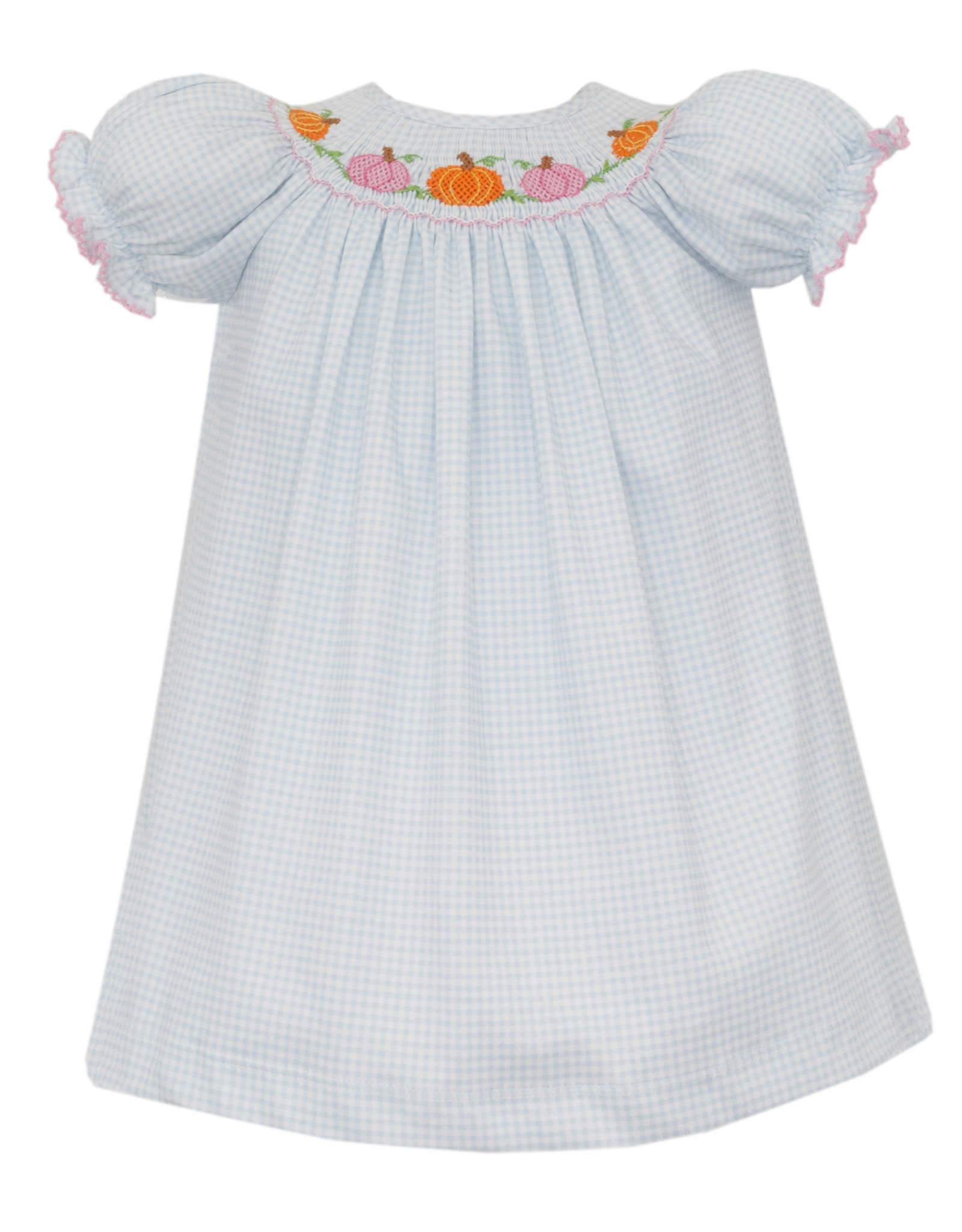 Petit Bebe 430A Blue Gingham Knit Pumpkin Smocked Dress