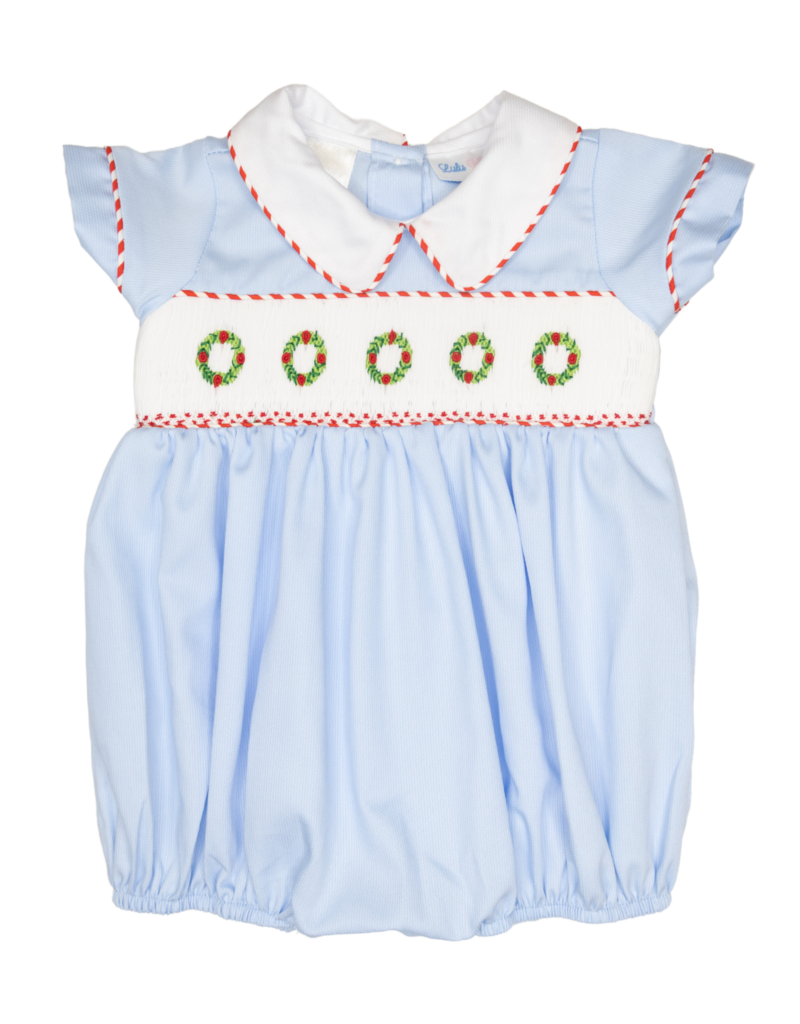 Lulu Bebe LBF26 Noah Blue Wreath Smocked Bubble