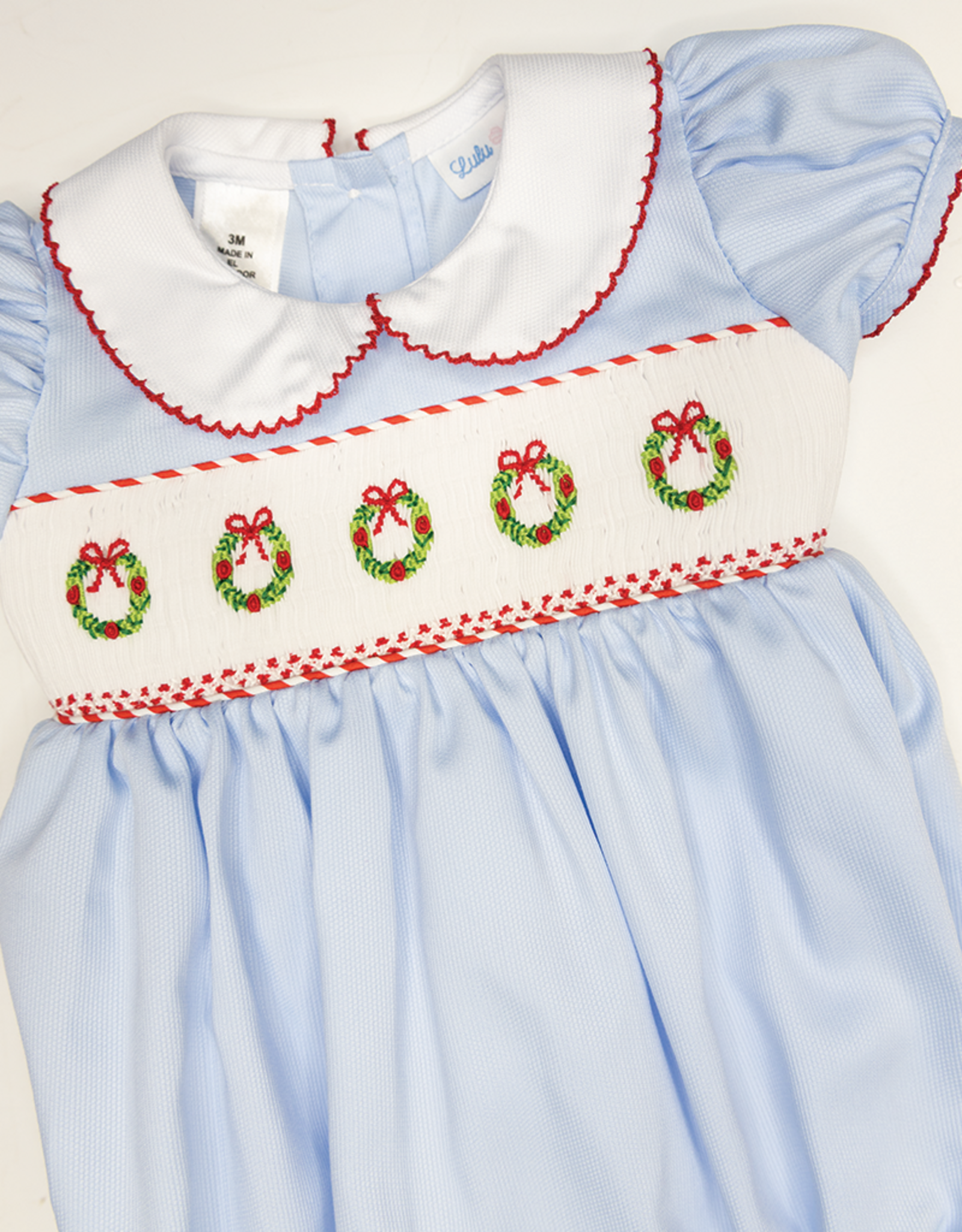 Lulu Bebe LBF26 Rosie Blue Wreath Smocked Bubble