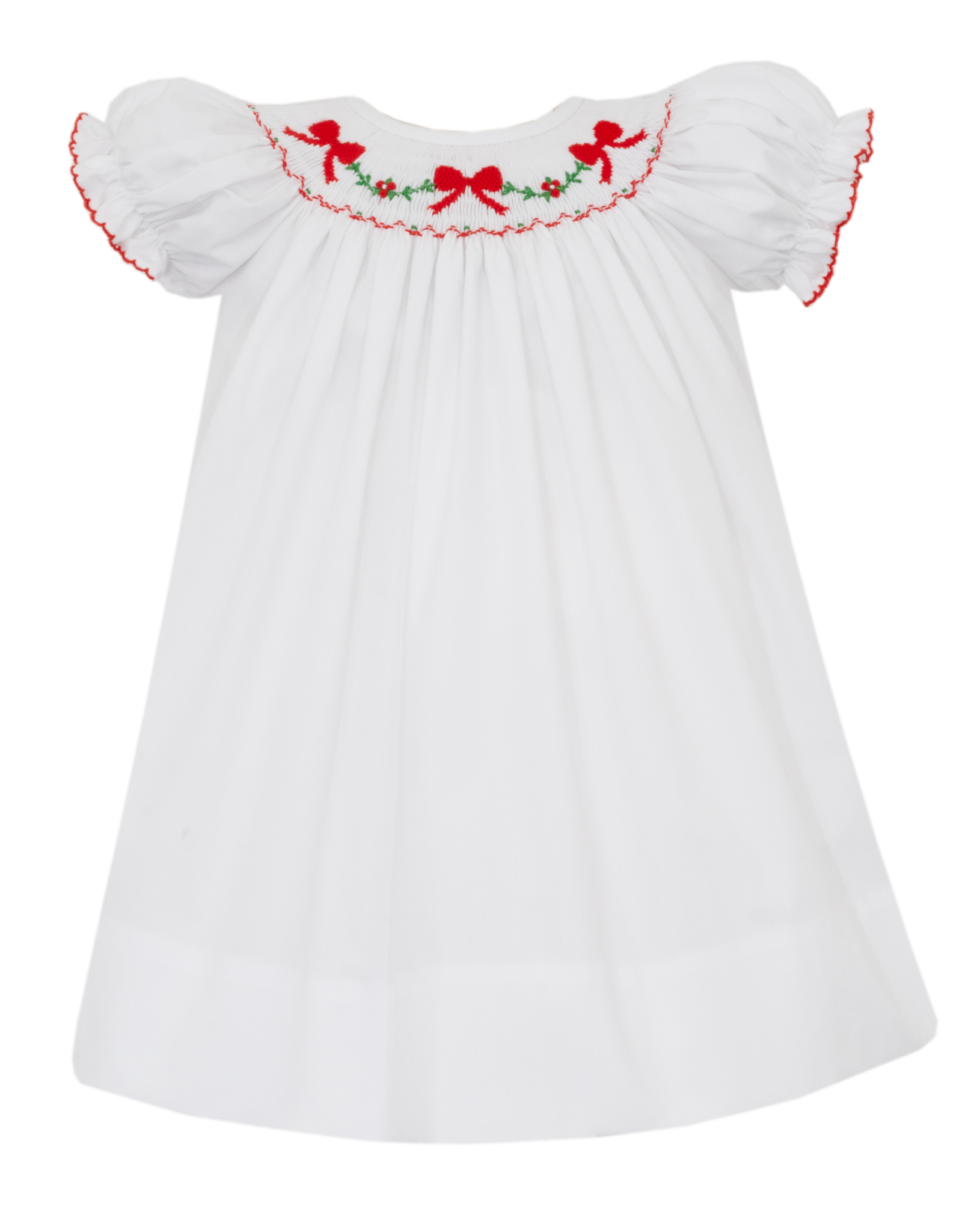 Petit Bebe 143A White Red Bow Smocked Bishop Dress