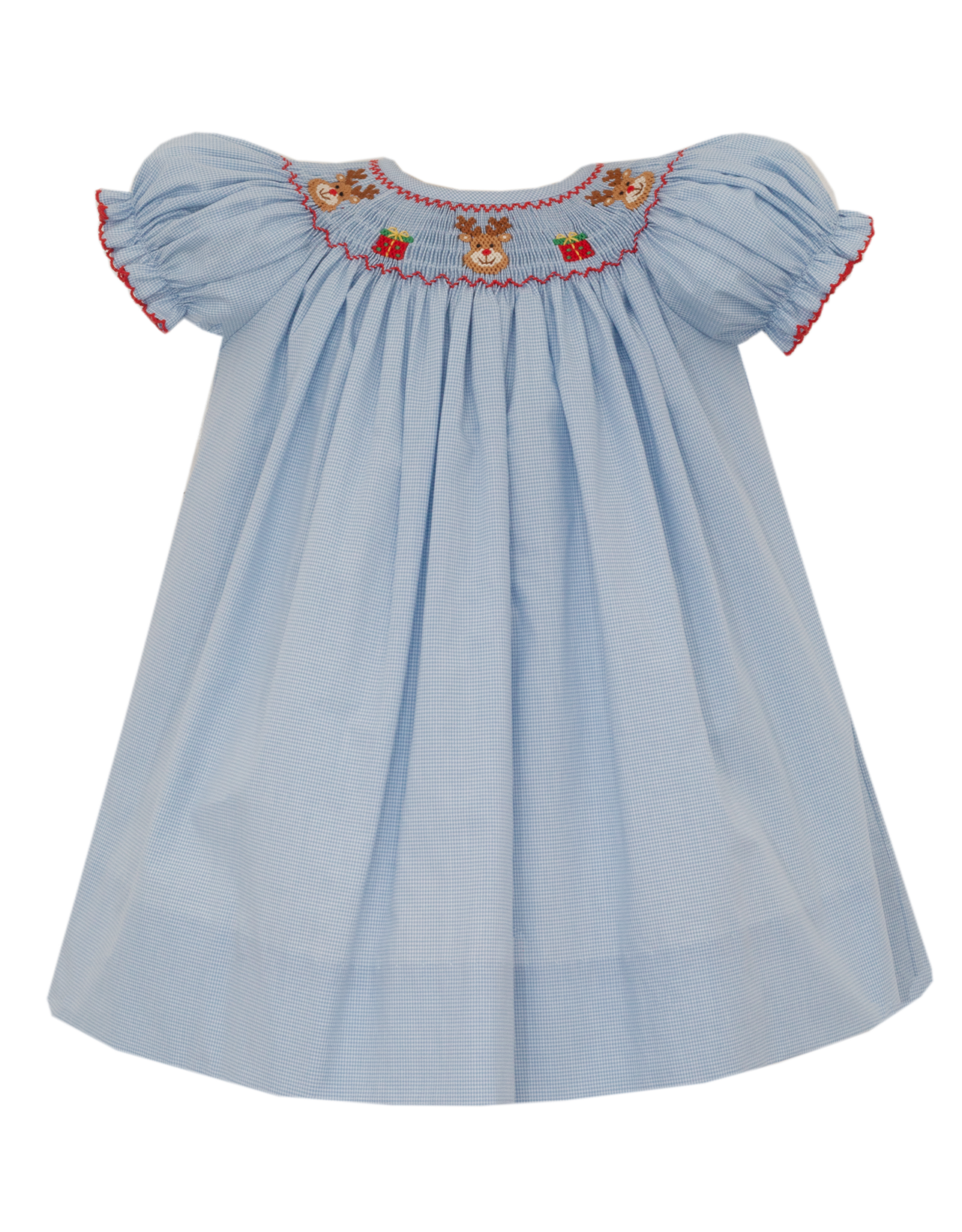 Petit Bebe 140A Blue Reindeer Smocked Bishop Dress