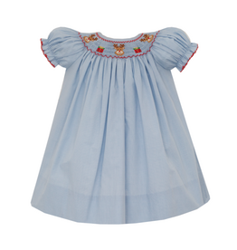Petit Bebe Blue Reindeer Smocked Bishop Dress