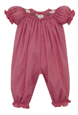 Petit Bebe 145F2 Red Gingham Santa Face Smocked Bishop Long Bubble