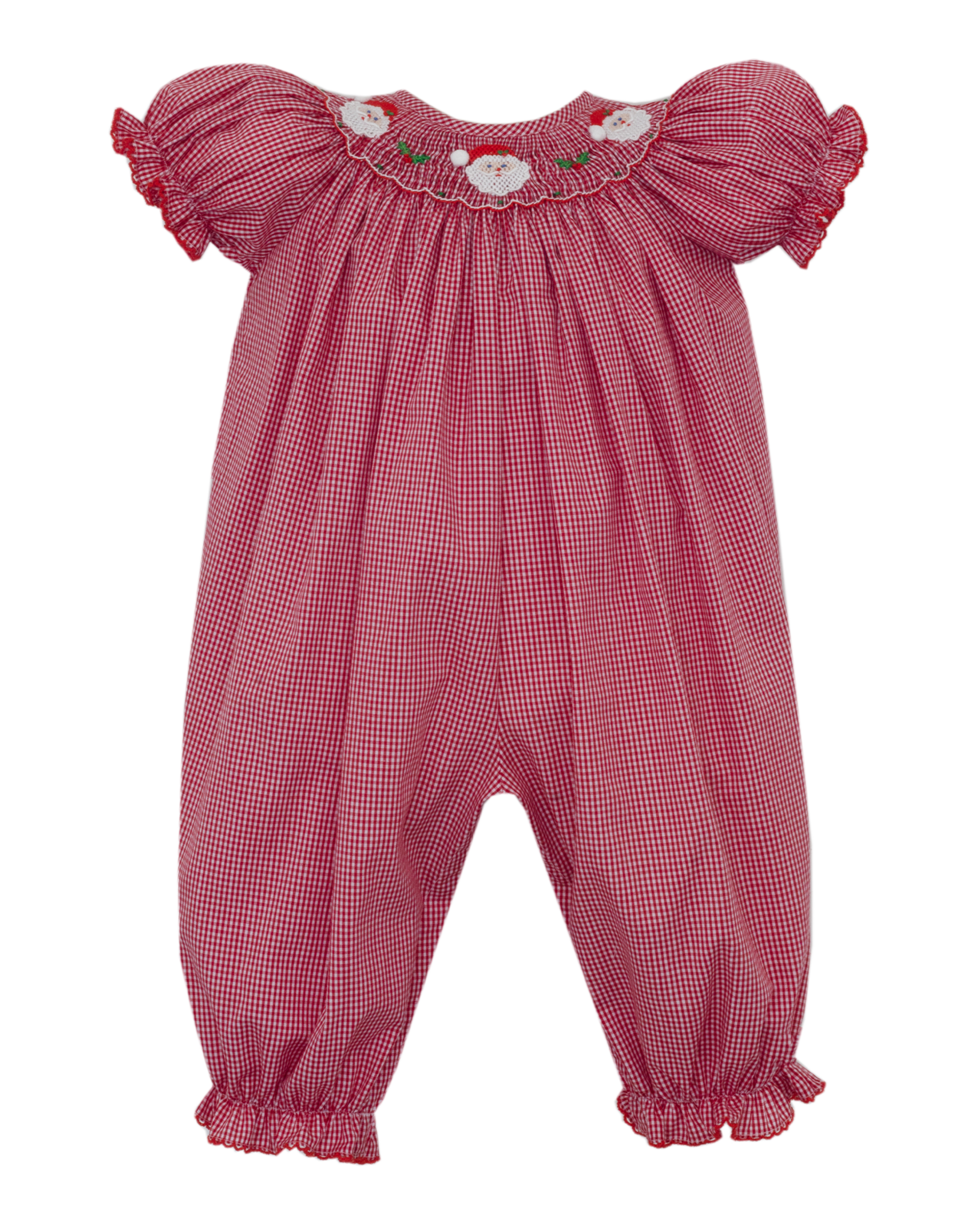 Petit Bebe 145F2 Red Gingham Santa Face Smocked Bishop Long Bubble