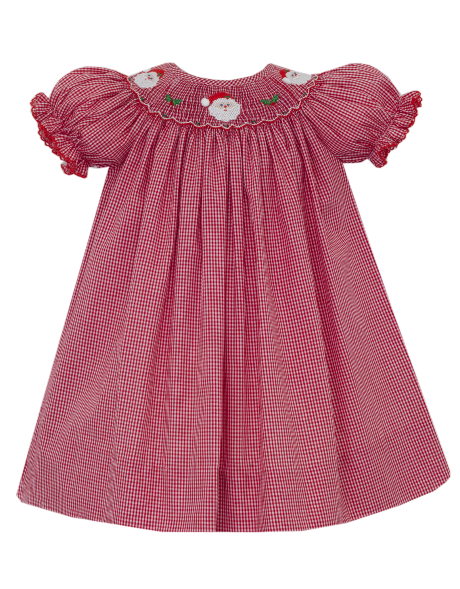 Petit Bebe 145A Red Gingham Santa Face Smocked Bishop Dress