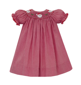 Petit Bebe Red Gingham Santa Face Smocked Bishop Dress