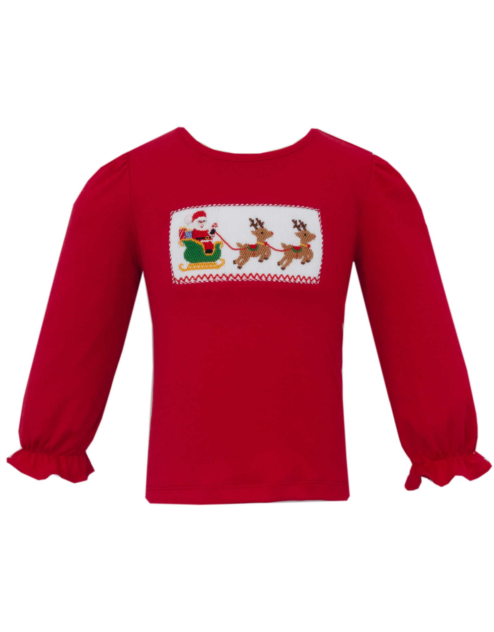 Anavini 325QL Santa Sleigh Red  GIRL Smocked Shirt