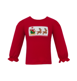 Anavini Santa Sleigh Red  GIRL Smocked Shirt