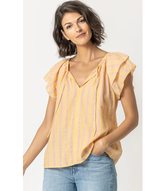 Lilla P RUFFLE SLEEVE SPLIT NECK TOP