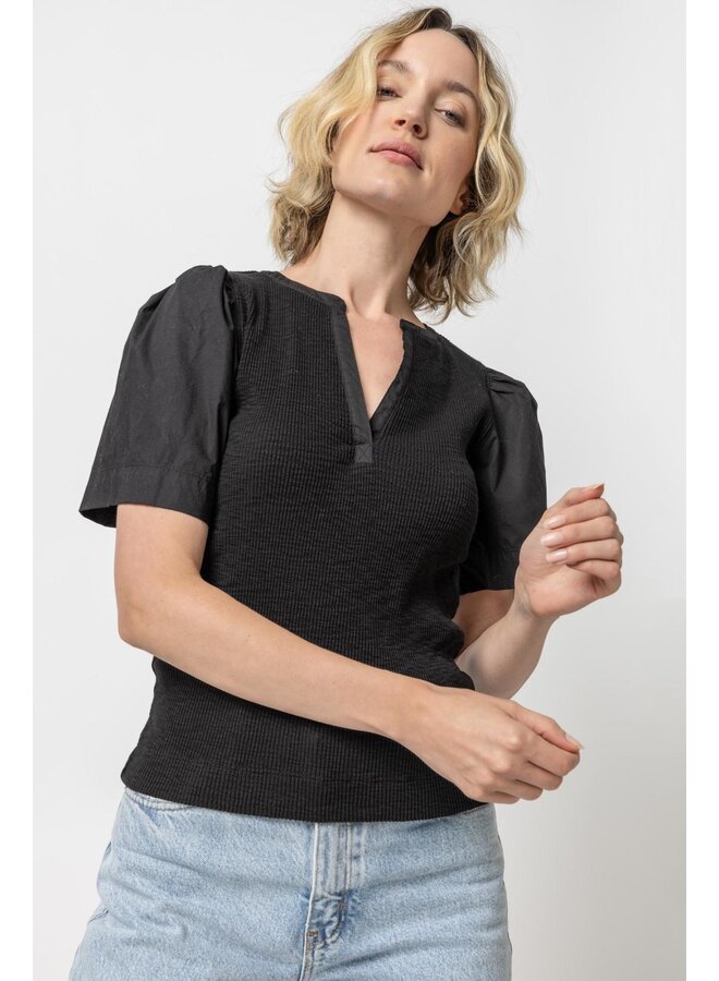 WOVEN SLEEVE SPLIT NECK