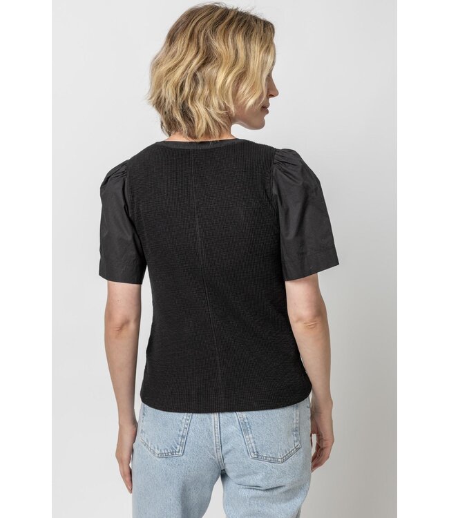 WOVEN SLEEVE SPLIT NECK