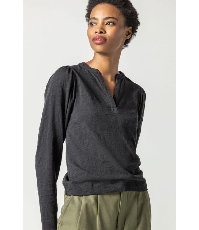 Lilla P SHIRRED LONG SLEEVE SPLIT NECK