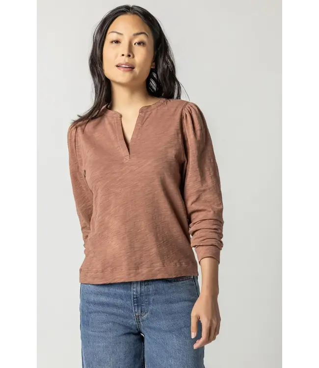 SHIRRED LONG SLEEVE SPLIT NECK