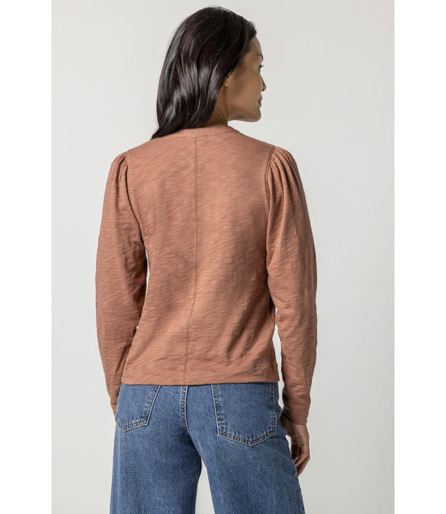 SHIRRED LONG SLEEVE SPLIT NECK