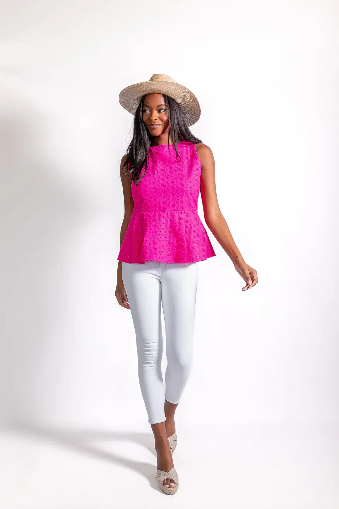 SLEEVELESS ZIP BACK PEPLUM TOP - M / WATERMELON
