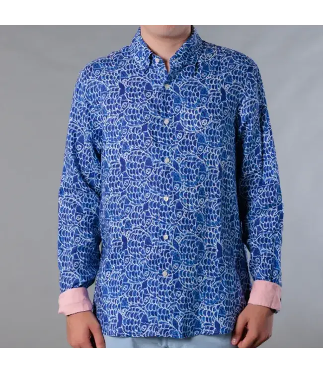 Michael's / Balloon Boy MENS LONG SLEEVE PRINTED LINEN SHIRT - ABSTRACT FISH