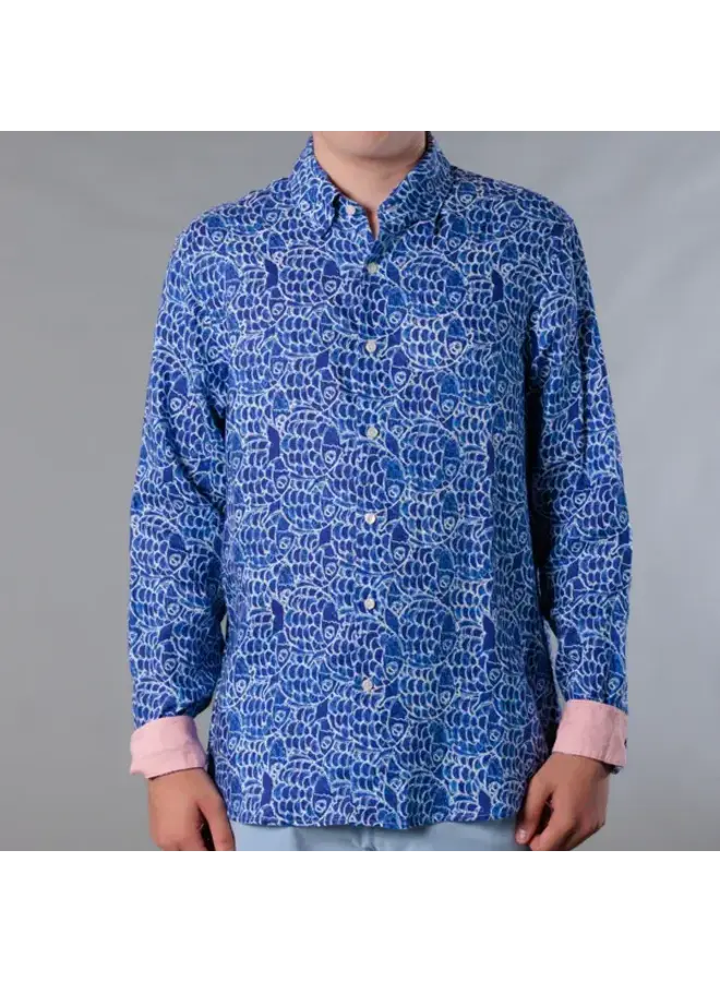 MENS LONG SLEEVE PRINTED LINEN SHIRT - ABSTRACT FISH