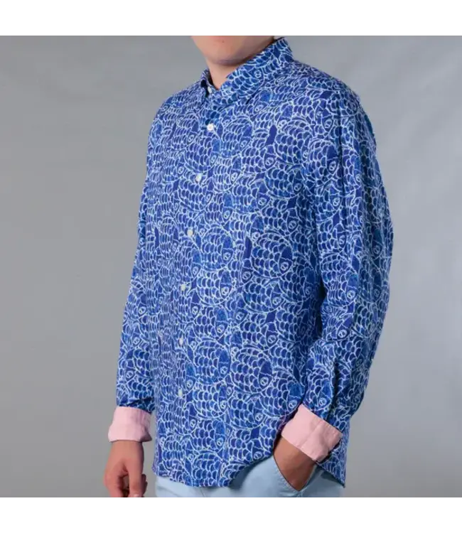 Michael's / Balloon Boy MENS LONG SLEEVE PRINTED LINEN SHIRT - ABSTRACT FISH