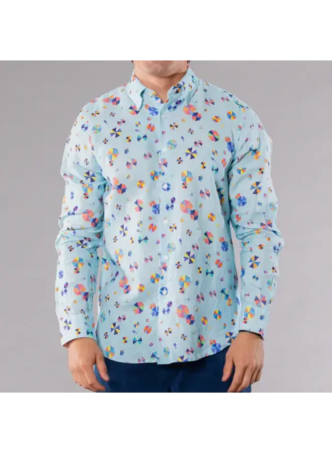 MENS LONG SLEEVE PRINTED LINEN SHIRT - UMBRELLAS