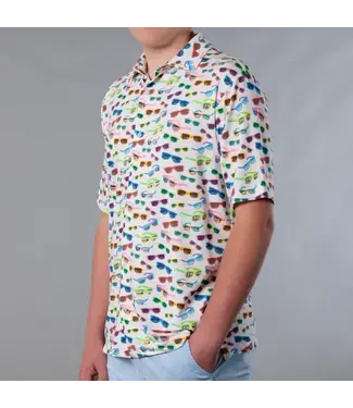 Michael's / Balloon Boy MENS SHORT SLEEV BUTTON FRONT KNIT SHIRT PRINTED - SUNGLASSES