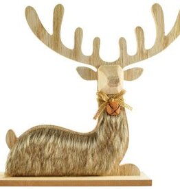 Sitting Deer Decoration - Wood and Fur 28 x 6 x 26cm