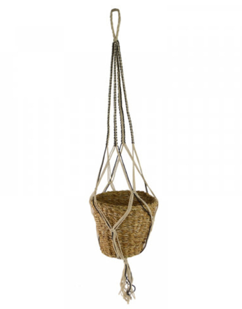 Small Jute Macrame Hanging Basket Black and White