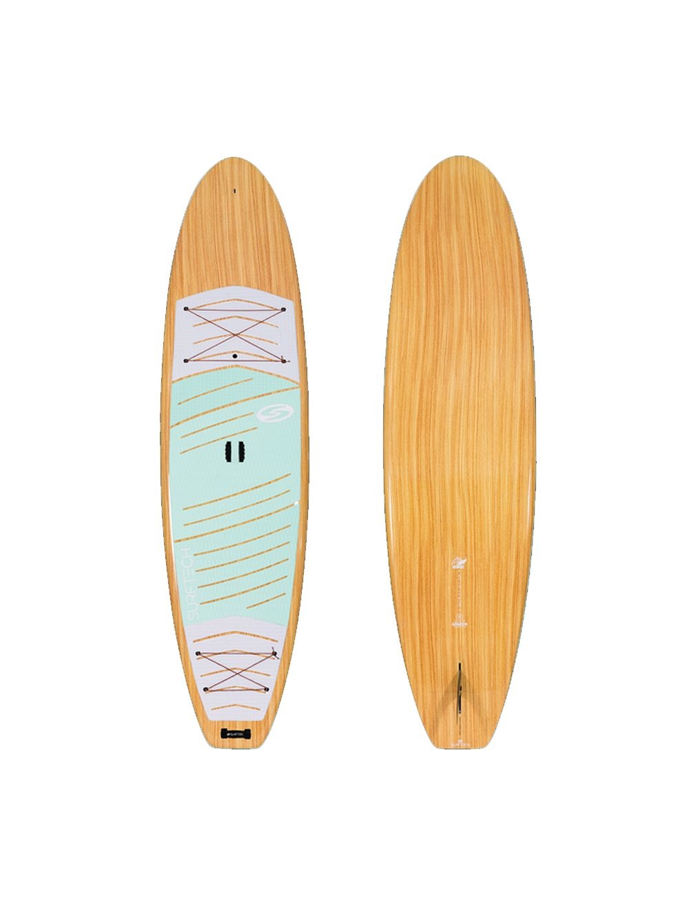 A surf shaped paddle board often feels more stable for riders. This board has a beautiful wood grain top sheet with teal padding for your feet. 