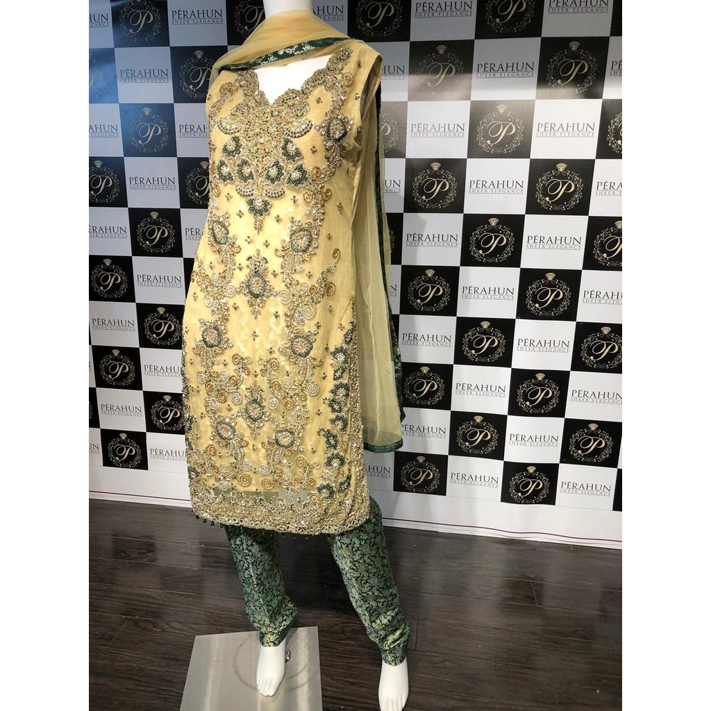 Perahun Lime green and bottle green long shirt with pants -Size Medium
