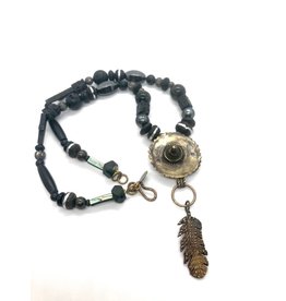 Bronze feather/disc on black beaded chain