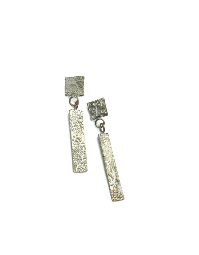 Rectangular silver and bronze shield earrings