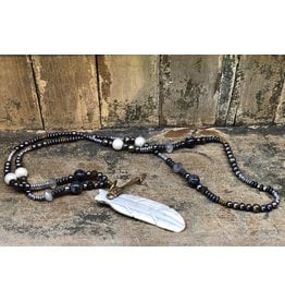 Carved buffalo bone feather necklace w/ bronze arrow