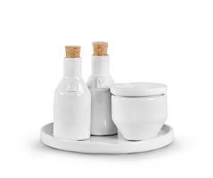 Pitcher Tabletop Oil Vinegar Dispenser 2 White Stoneware Ceramic Cruets with Cork Stoppers Bottle Olivia Oil and Vinegar Set Maia Ming Designs Decanter